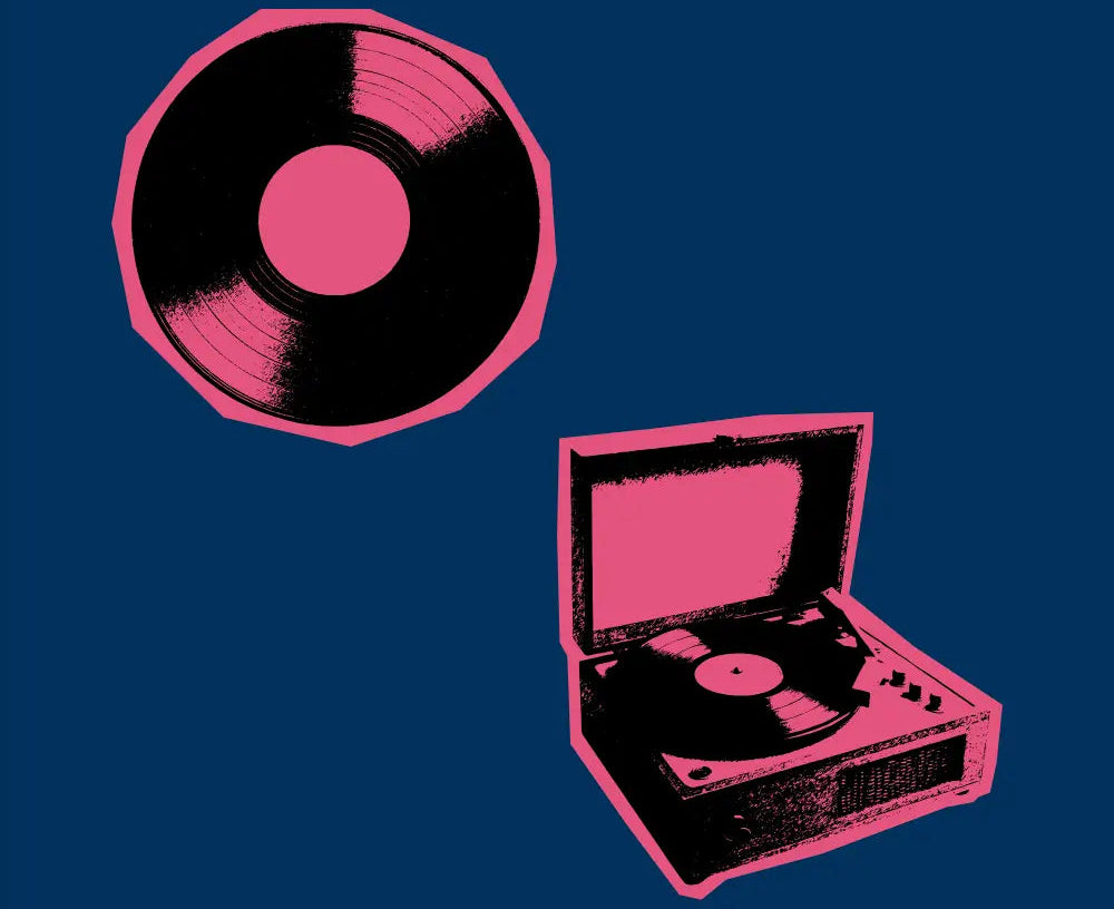 Vinyl and record player on a navy background